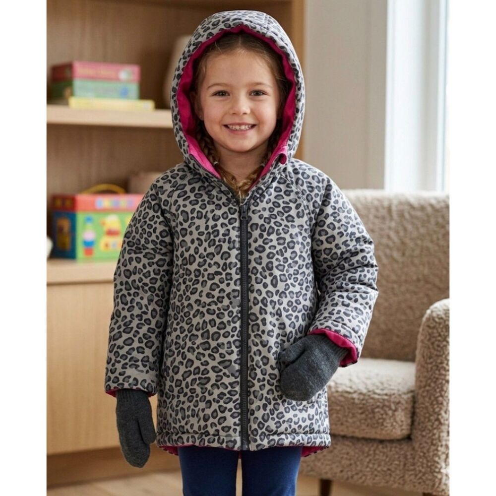 Hanna Anderson Puffer Winter Jacket Coat Girls 5/110 Hooded Leopard Print